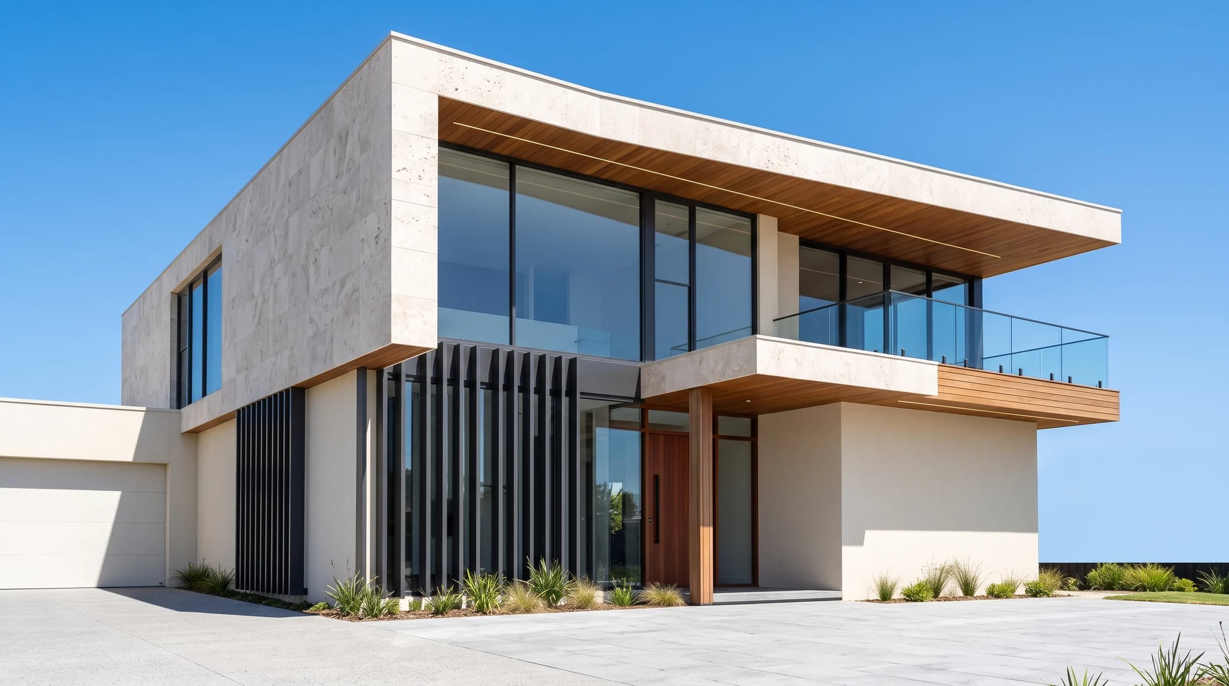 Illustrative contemporary home with timber soffits and glass balustrades