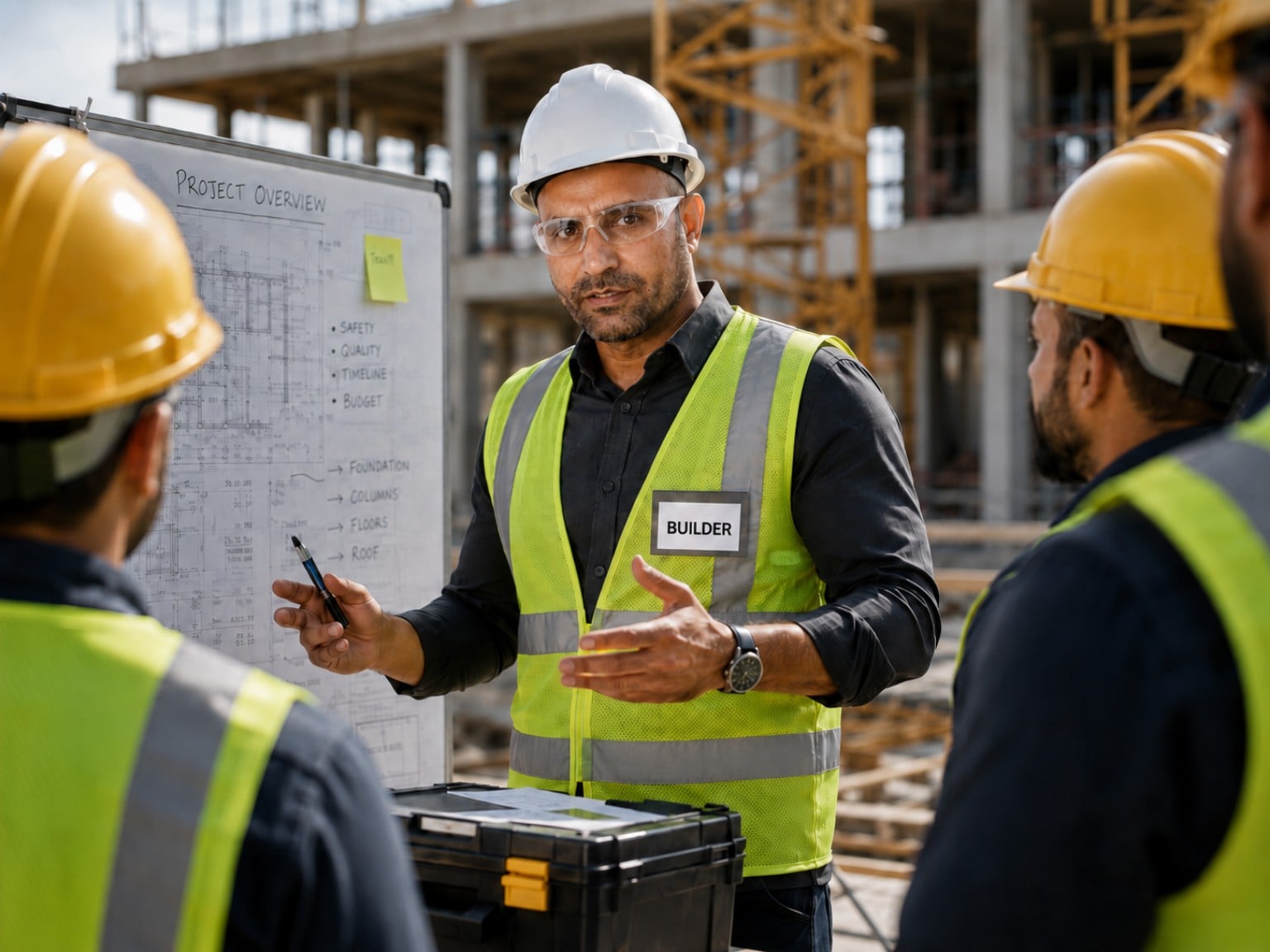 Javed Iqbal in a white hard hat and high-visibility vest talking with colleagues beside a project-overview whiteboard on a building site